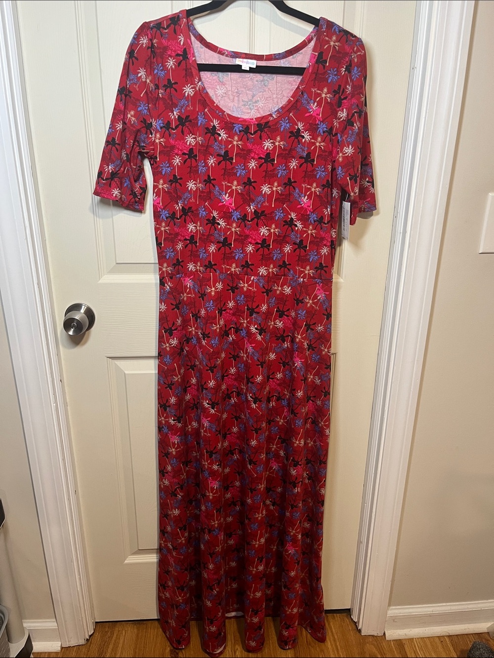 LuLaRoe Red Floral Scoop-Neck Maxi Dress with Pink & Blue Accents